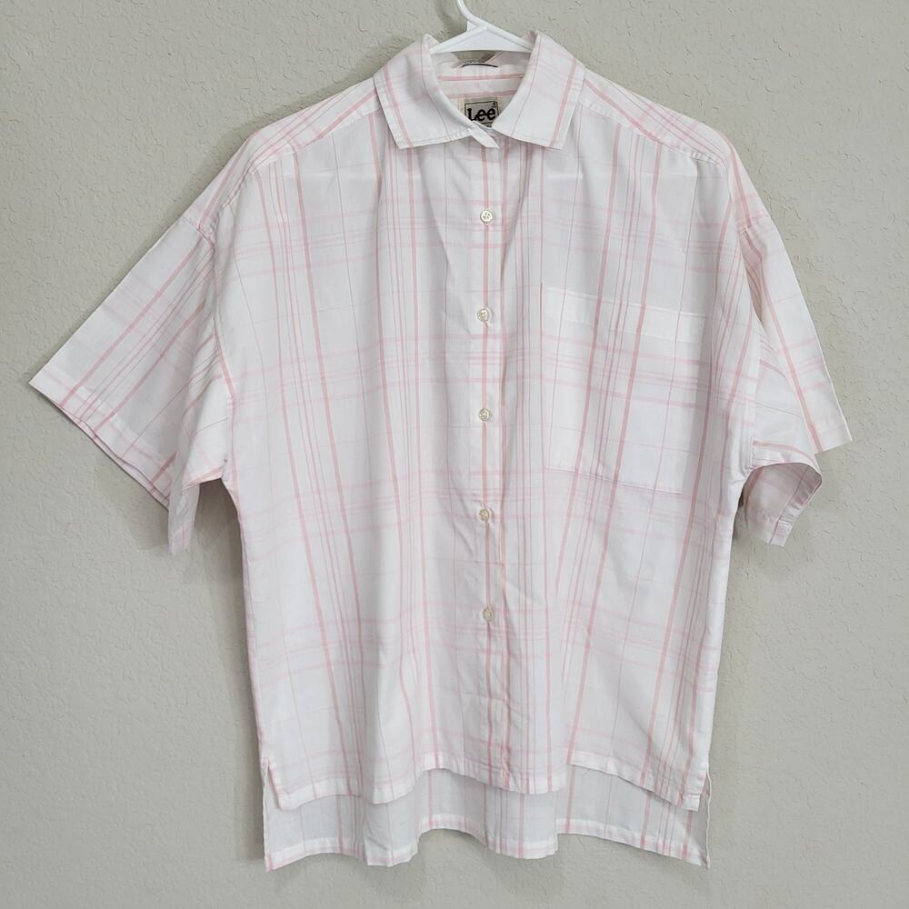 Vintage 80s Short Sleeve Shirt Lee Women Large Button up Pink White Plaid Casual